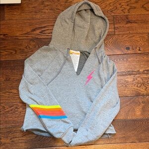 Aviator Nation Gray Hoodie with Pink Bolt and Rainbow Sleeve Stripes